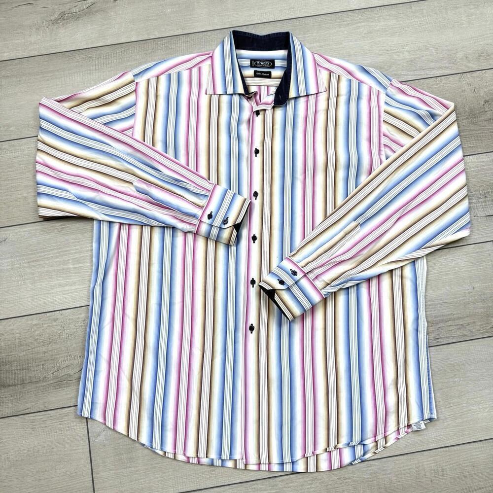 Eros Made in Italy Striped Dress Shirt XL Multicolor Cotton LS Colorful Vintage